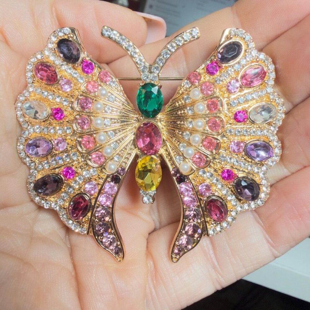 Butterfly Brooch Multicolor Rhinestone Statement Pin 2.75 Inch